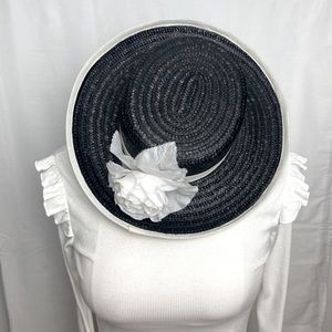Pretty Woman Straw Hat, Black and White , Rose 80s Made in Italy
